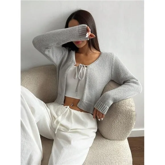 Women's Solid Color Front Tie Long Sleeve Casual Cardigan