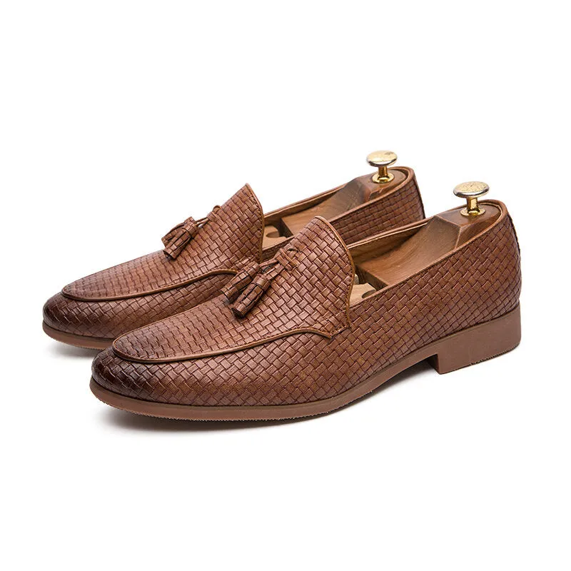 Woven Detail Tassel Decor Slip On Business Casual Gentle Men Dress Shoes