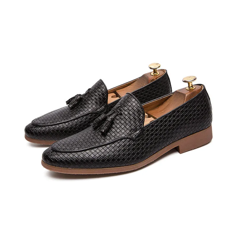 Woven Detail Tassel Decor Slip On Business Casual Gentle Men Dress Shoes