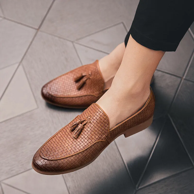 Woven Detail Tassel Decor Slip On Business Casual Gentle Men Dress Shoes