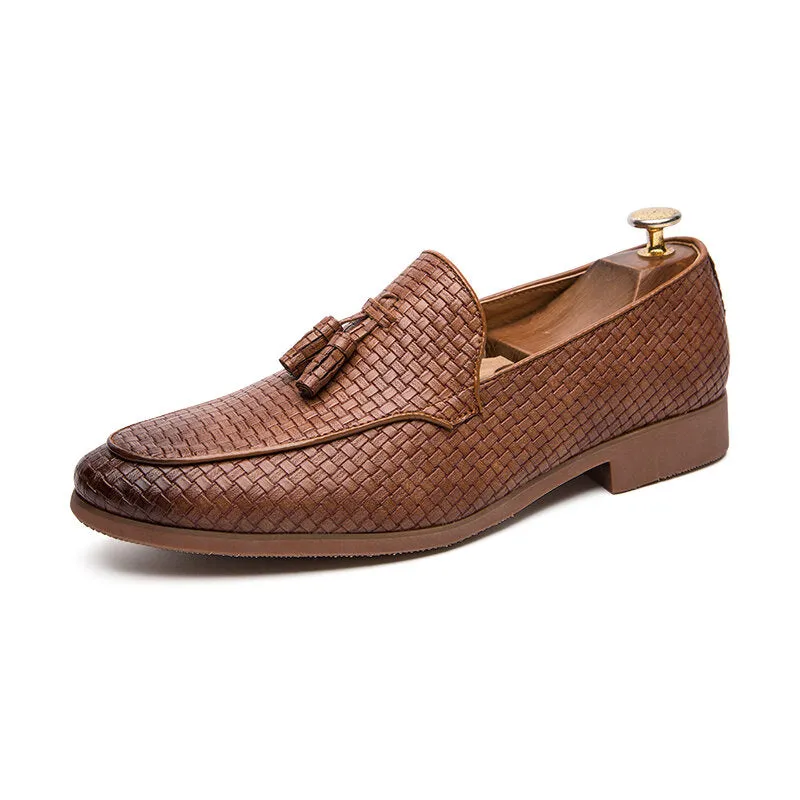 Woven Detail Tassel Decor Slip On Business Casual Gentle Men Dress Shoes