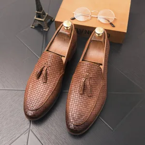Woven Detail Tassel Decor Slip On Business Casual Gentle Men Dress Shoes