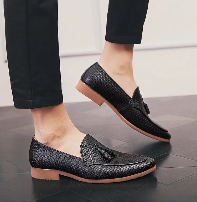 Woven Detail Tassel Decor Slip On Business Casual Gentle Men Dress Shoes