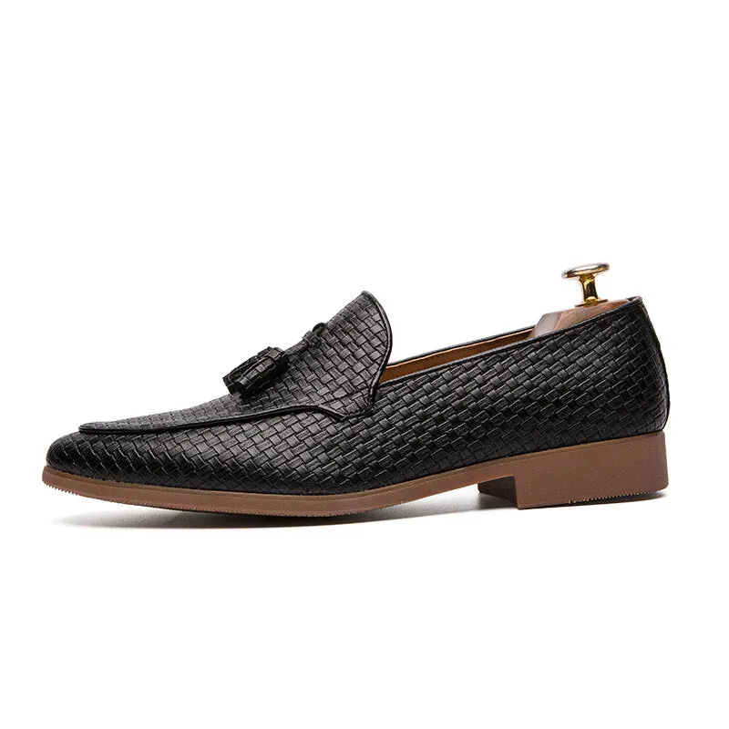 Woven Detail Tassel Decor Slip On Business Casual Gentle Men Dress Shoes