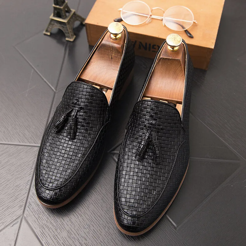 Woven Detail Tassel Decor Slip On Business Casual Gentle Men Dress Shoes