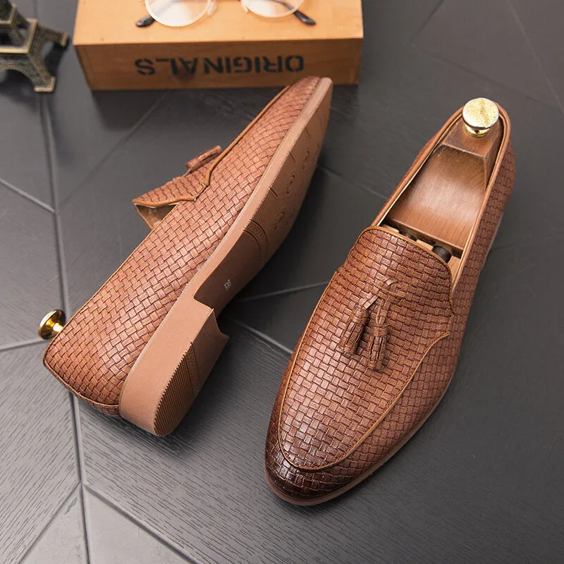 Woven Detail Tassel Decor Slip On Business Casual Gentle Men Dress Shoes