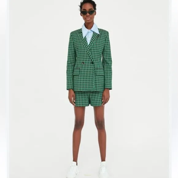 Zara Green Plaid Checked Blazer Jacket Double Button Collared Size Medium