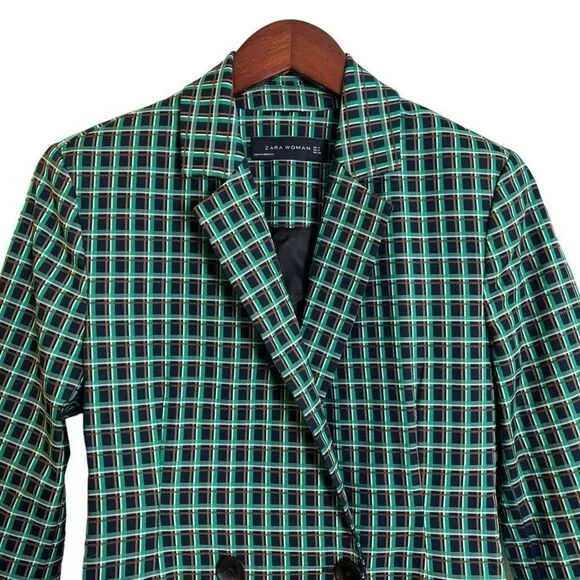 Zara Green Plaid Checked Blazer Jacket Double Button Collared Size Medium