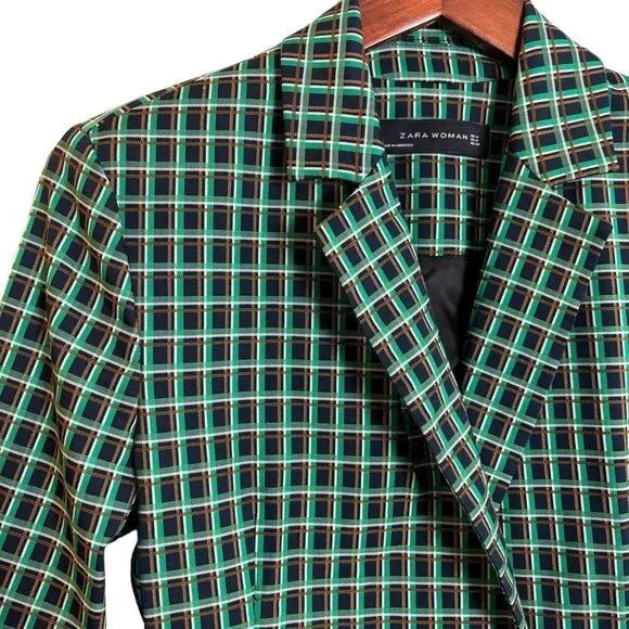 Zara Green Plaid Checked Blazer Jacket Double Button Collared Size Medium
