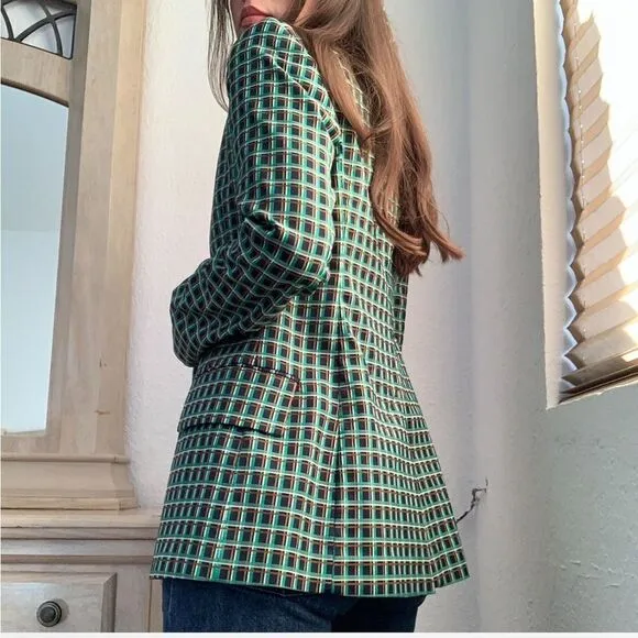 Zara Green Plaid Checked Blazer Jacket Double Button Collared Size Medium