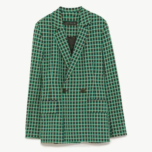 Zara Green Plaid Checked Blazer Jacket Double Button Collared Size Medium