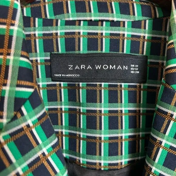 Zara Green Plaid Checked Blazer Jacket Double Button Collared Size Medium