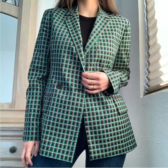 Zara Green Plaid Checked Blazer Jacket Double Button Collared Size Medium