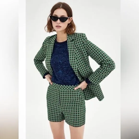 Zara Green Plaid Checked Blazer Jacket Double Button Collared Size Medium