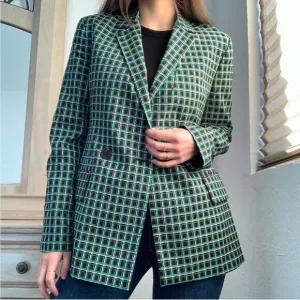 Zara Green Plaid Checked Blazer Jacket Double Button Collared Size Medium